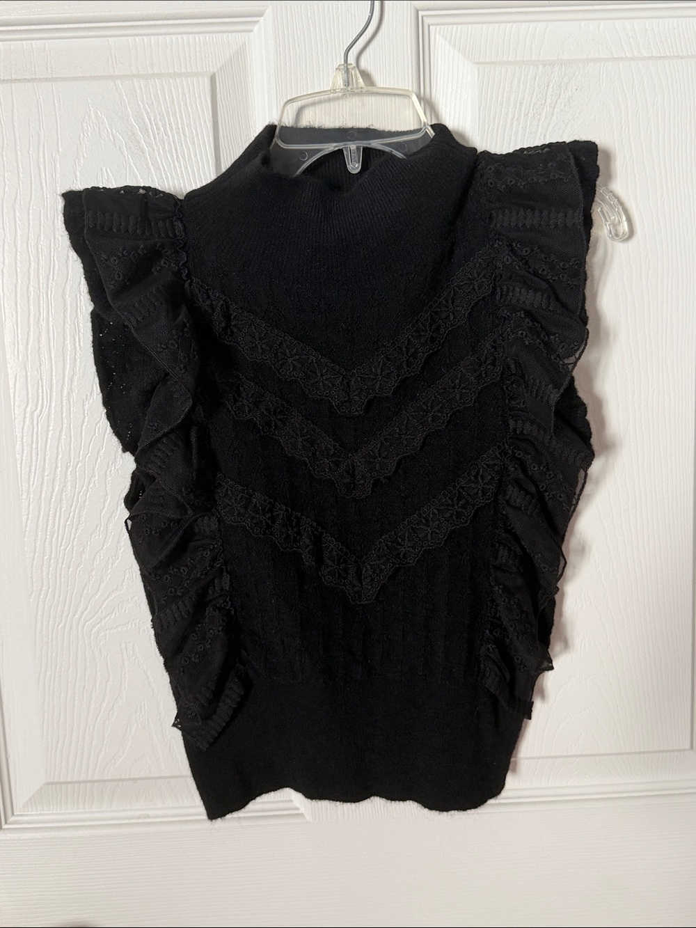 NWT Zara Black Ruffle Lace-Trim mock neck Sweater small